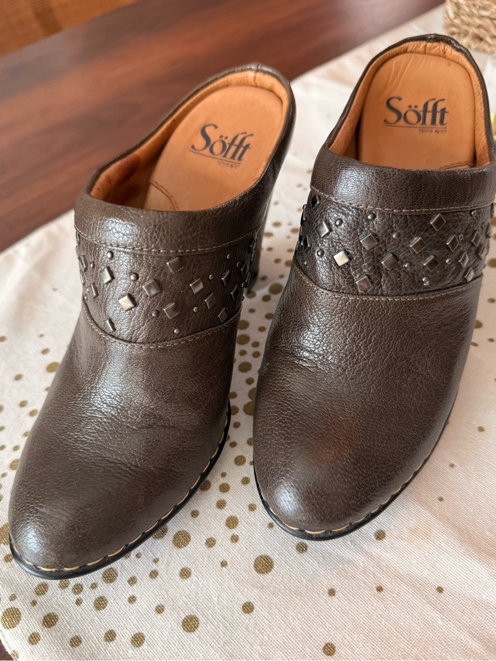 Söfft Dark Brown Leather Studded Mule Clogs